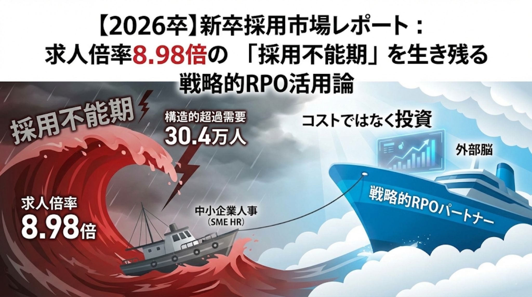 2026年卒新卒採用市場レポート。中小企業の求人倍率8.98倍という衝撃的なデータと、売り手市場・早期化・AI活用といった「採用の三重苦」を乗り越えるための戦略的RPO活用を示唆するアイキャッチ画像。
