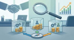 新卒採用代行（RPO）の3つの料金体系を表すコインが入った箱と、虫眼鏡やコンパスを用いて自社に合ったサービスを選ぶイメージイラスト