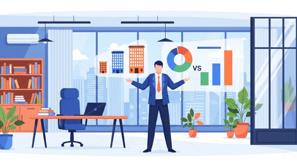 企業規模（中小・ベンチャー・大手）ごとに最適な新卒採用代行（RPO）を比較し、採用戦略を診断している人事プロフェッショナルのイラスト。