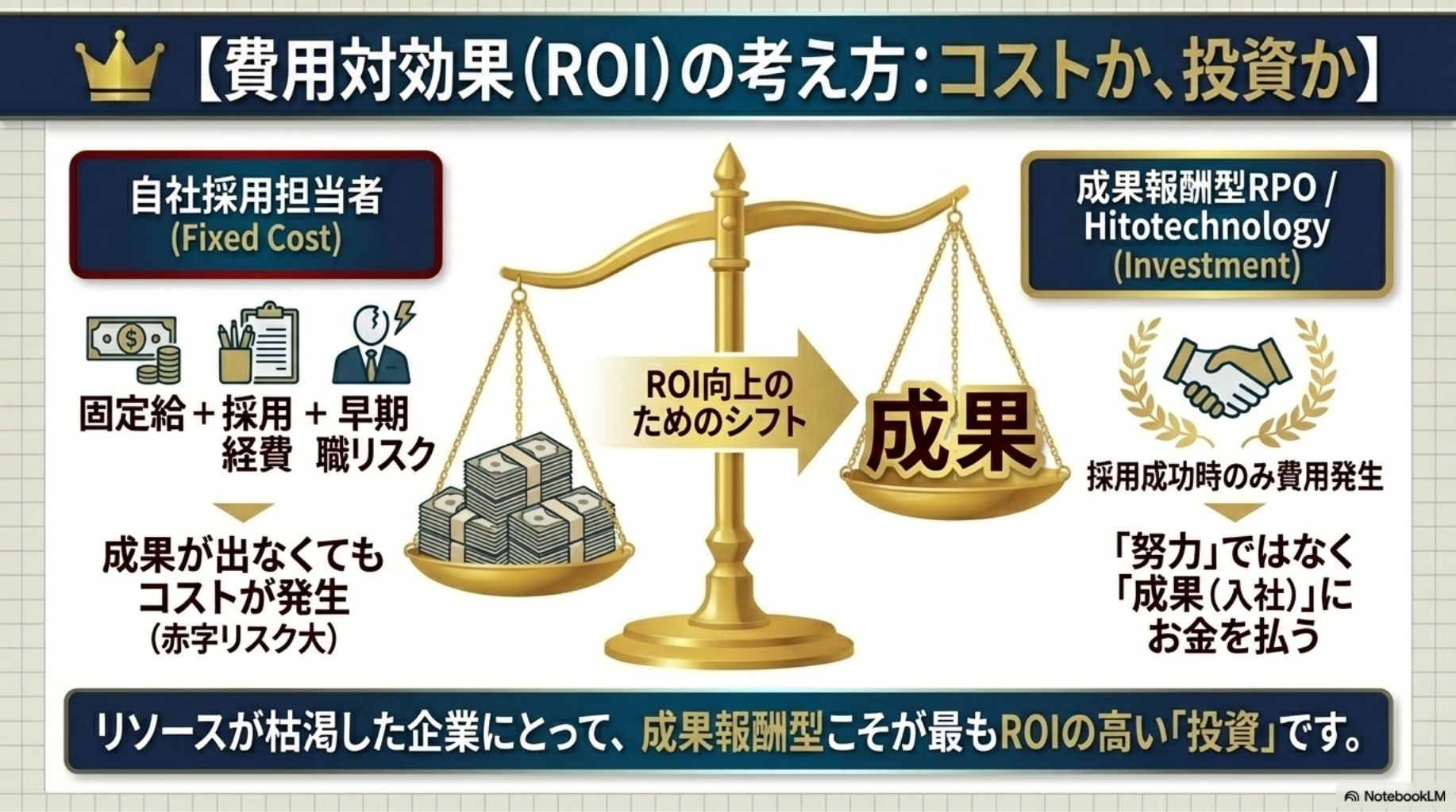 料金体系別のROI比較。自社採用担当者の固定費、月額固定型RPO、成果報酬型RPOの3パターンでコストとリスクを比較した図。