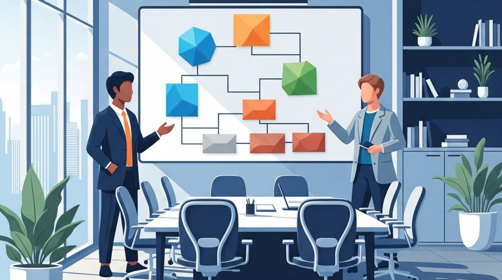 新卒採用代行（RPO）に任せられる業務範囲の全体像を6つのフェーズに分けたマップで確認し、戦略を練るビジネスパーソンたちのイラスト。