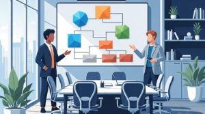 新卒採用代行（RPO）に任せられる業務範囲の全体像を6つのフェーズに分けたマップで確認し、戦略を練るビジネスパーソンたちのイラスト。