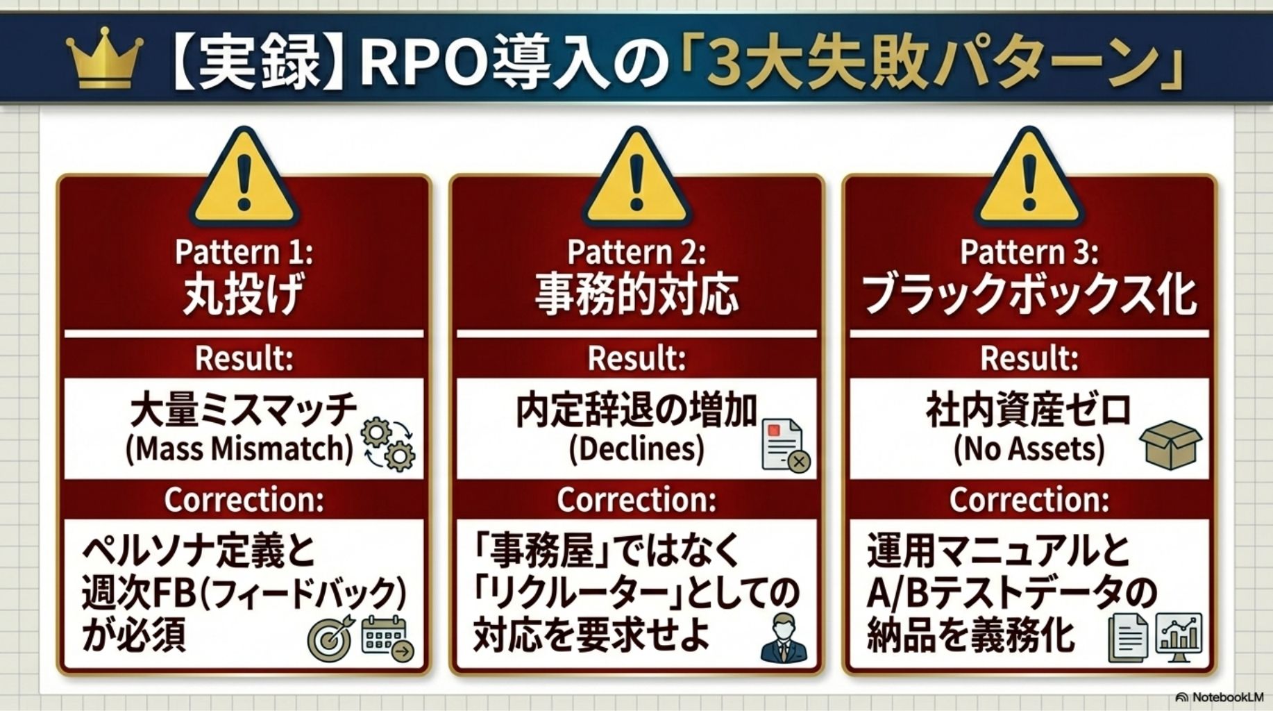 RPO導入の3大失敗パターン（丸投げ、事務的対応、ブラックボックス化）と、それぞれの具体的な回避策の解説図。