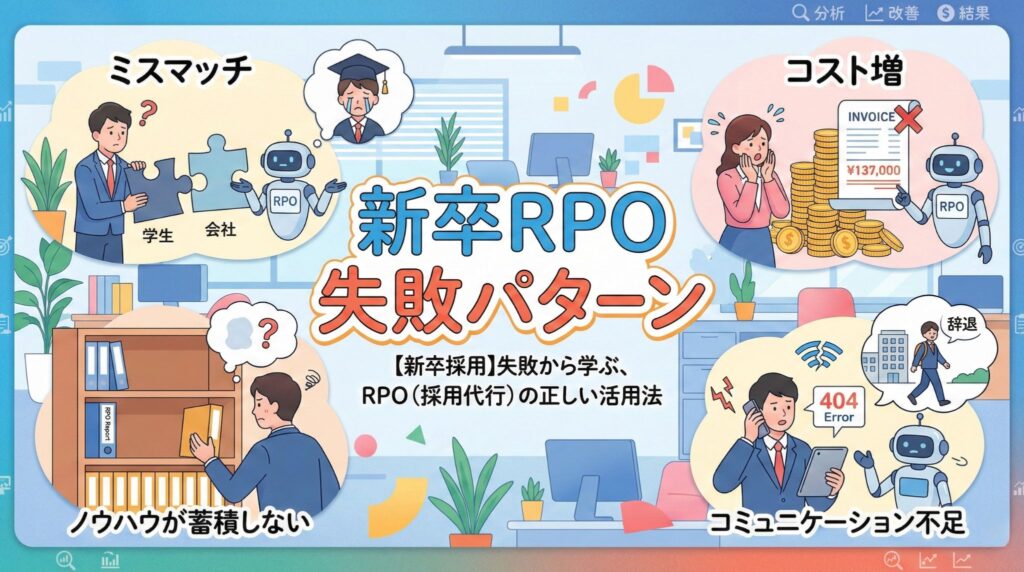 新卒採用におけるRPO（採用代行）の失敗パターンを解説するイラスト。「ミスマッチ」「コスト増」「ノウハウが蓄積しない」「コミュニケーション不足」の4つの課題に悩む採用担当者とロボットのキャラクターが描かれた、ビジネス向けアイキャッチ画像。