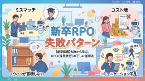 新卒採用におけるRPO（採用代行）の失敗パターンを解説するイラスト。「ミスマッチ」「コスト増」「ノウハウが蓄積しない」「コミュニケーション不足」の4つの課題に悩む採用担当者とロボットのキャラクターが描かれた、ビジネス向けアイキャッチ画像。