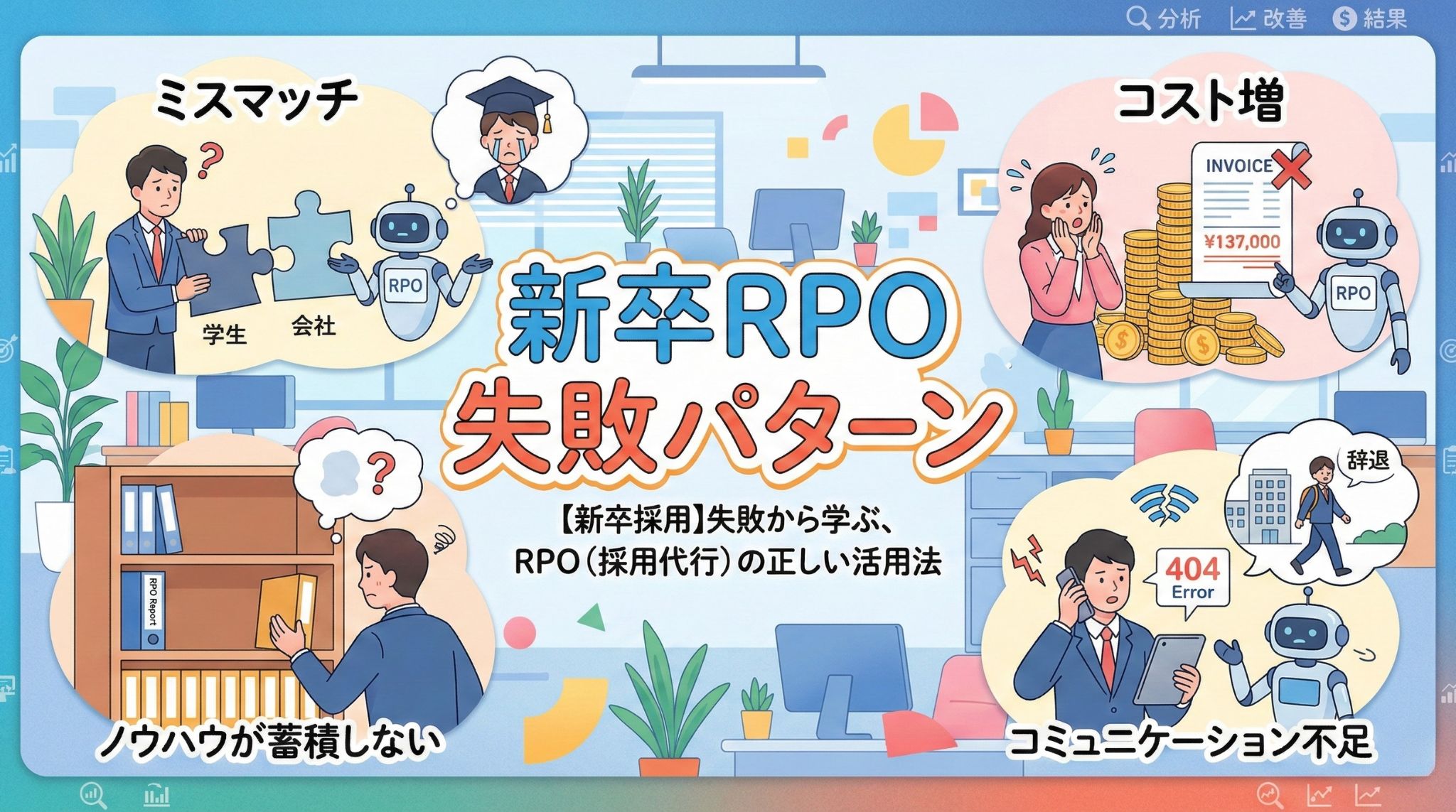 新卒採用におけるRPO（採用代行）の失敗パターンを解説するイラスト。「ミスマッチ」「コスト増」「ノウハウが蓄積しない」「コミュニケーション不足」の4つの課題に悩む採用担当者とロボットのキャラクターが描かれた、ビジネス向けアイキャッチ画像。