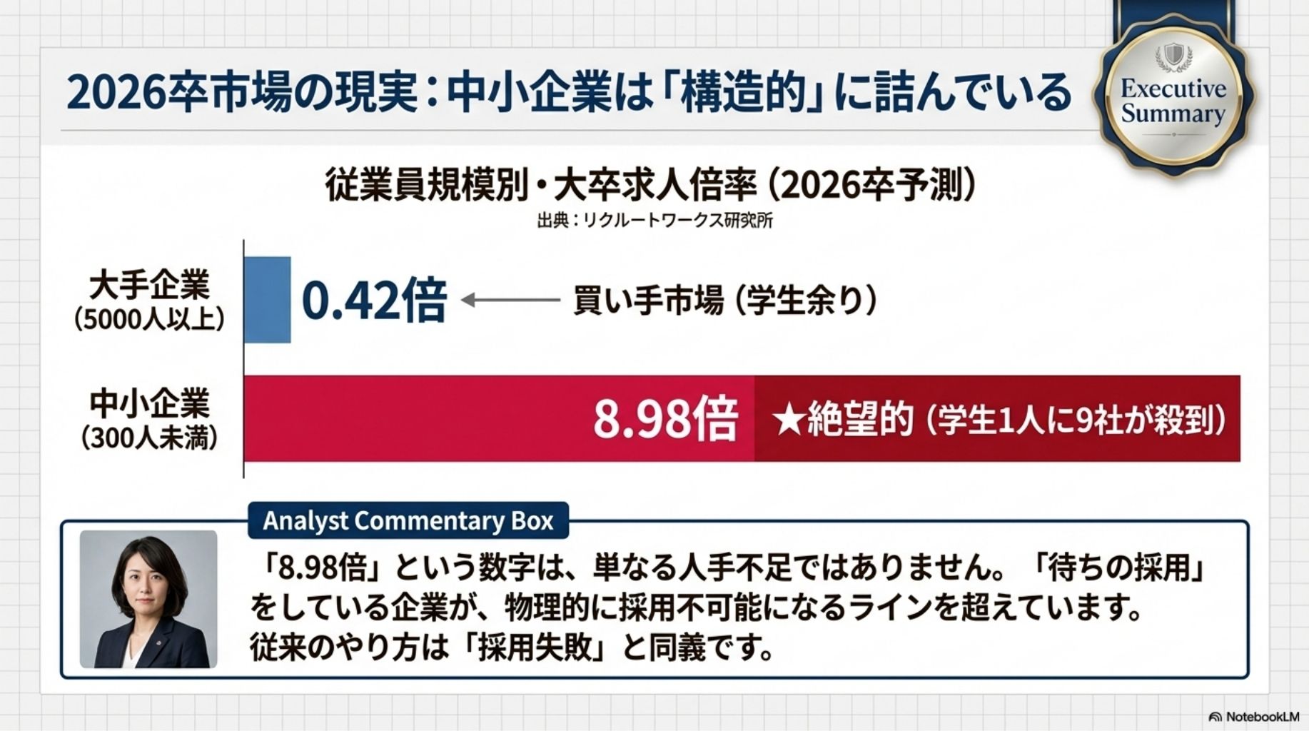 2026卒市場の現実を示すグラフ。中小企業の求人倍率が8.98倍と厳しい状況である一方、大手は0.42倍の買い手市場であることを対比。