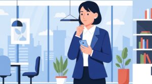 “また落ちた”とLINEしてきた転職活動中の友人への返答に悩む、人事担当者の女性を描いたビジネスイラスト。