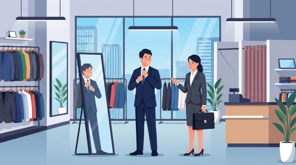 清潔感のあるスーツ専門店で、鏡を見ながら自分に合う一着を試着する日本人学生と、それをサポートするプロフェッショナルな店員のモダンなフラットイラスト。