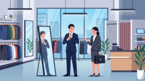 清潔感のあるスーツ専門店で、鏡を見ながら自分に合う一着を試着する日本人学生と、それをサポートするプロフェッショナルな店員のモダンなフラットイラスト。