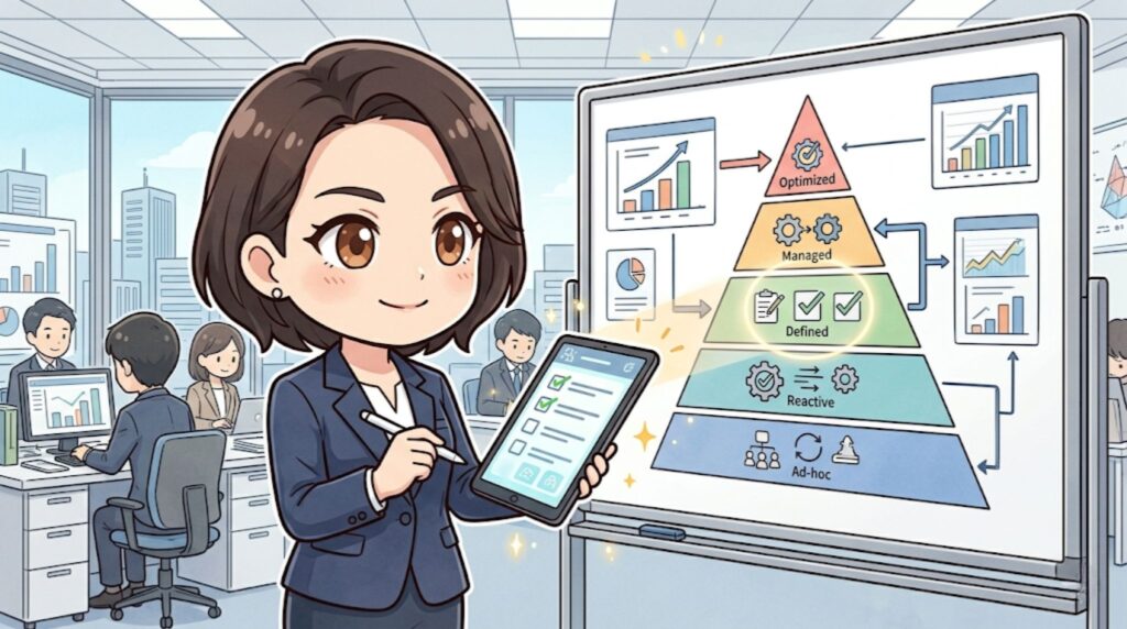RPO導入を検討する企業向け。オフィスの女性社員がタブレットを使いながら、ホワイトボードに描かれた5段階の「組織成熟度ピラミッド」をレビュー・評価しているイラスト。各段階のキーワード（Optimized、Managed、Defined、Reactive、Ad-hoc）が視覚的にわかりやすく表現され、採用プロセスの成熟度確認の重要性を示している。SEOキーワード：RPO, 組織成熟度, レビュー, 採用プロセス, 評価, 人事部門ツール, ビジネス改善。