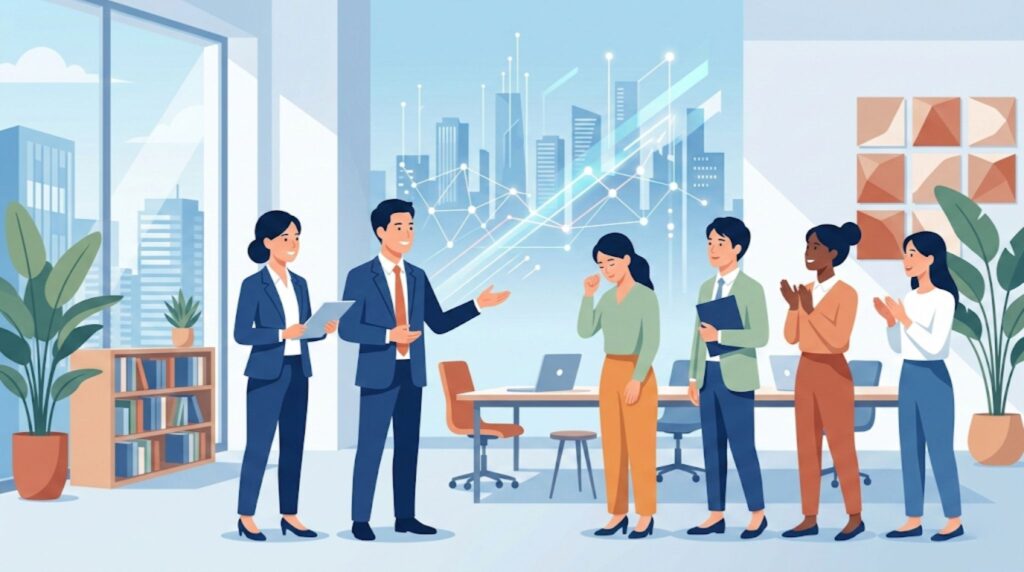 採用が上手い会社が実践する、効果的な採用戦略と優秀な人材の獲得を表現した、モダンなオフィス空間のビジネスイラスト。