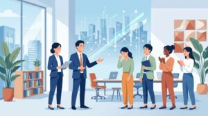 採用が上手い会社が実践する、効果的な採用戦略と優秀な人材の獲得を表現した、モダンなオフィス空間のビジネスイラスト。